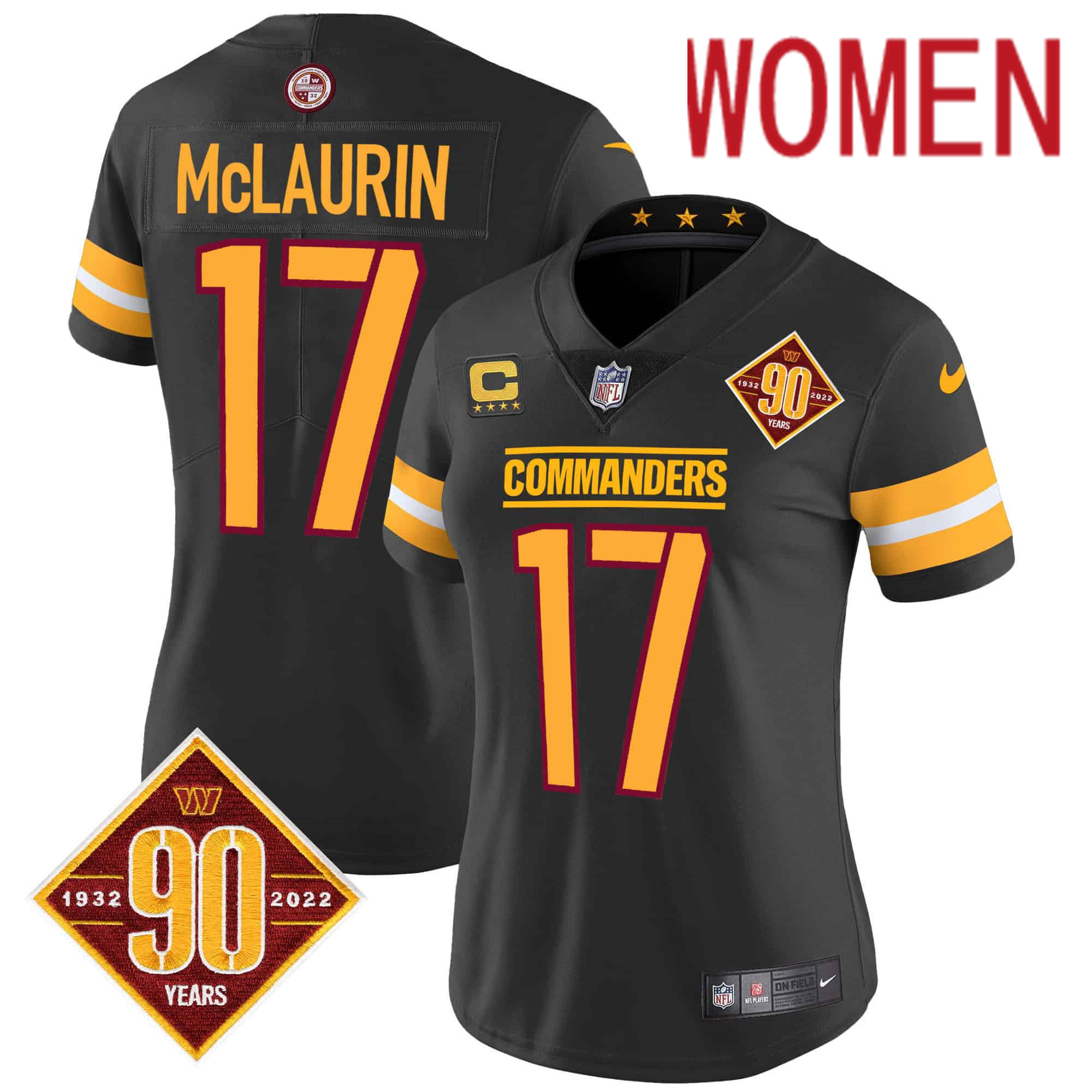 Women Washington Commanders 17 Mclaurin Black 90th Anniversary Patch 2024 Nike Vapor Limited NFL Jersey style 1